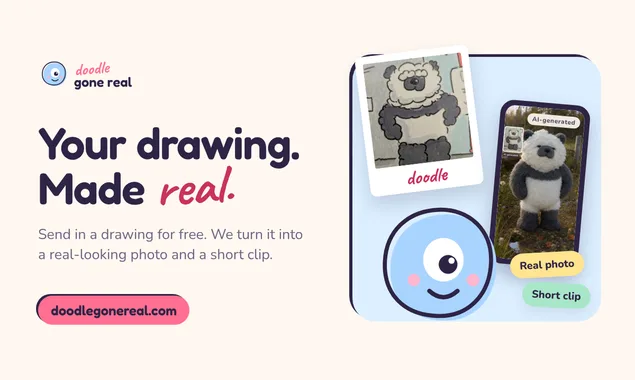 Titelbild von Doodle Gone Real: eine Panda-Zeichnung neben ihrem KI-generierten Foto